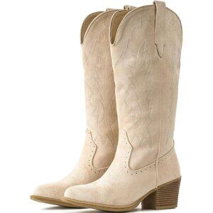 Women Camel Chunky Heel Pointed Toe Cowgirl Mid Calf Embroidery Western Boots